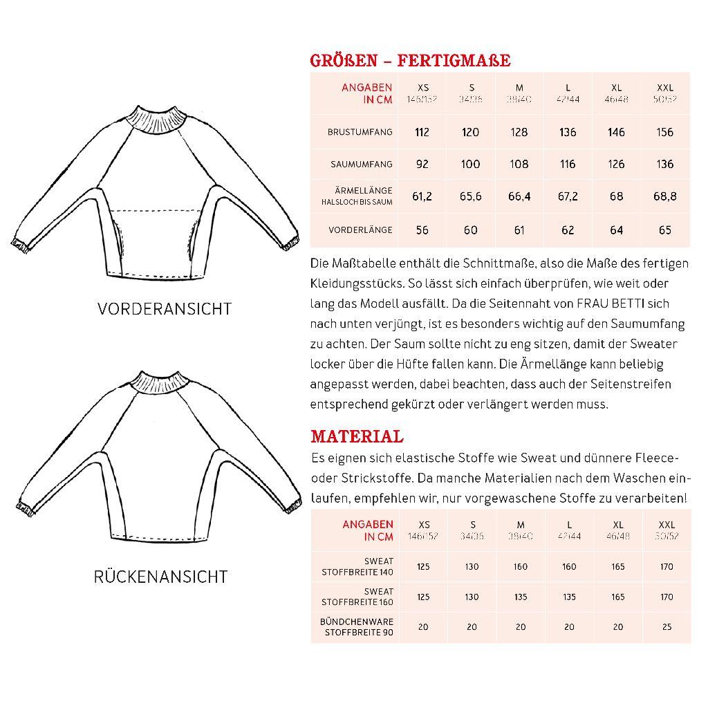 Papierschnittmuster Sweater Frau Betti XS-XXL
